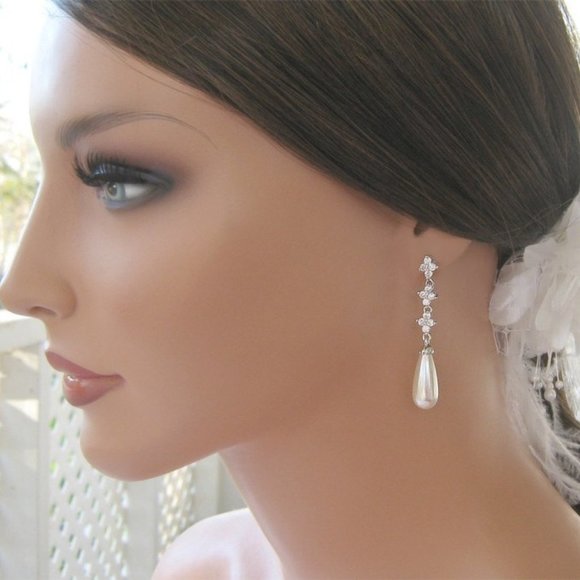 Long Cubic Zirconia Post Stud Earrings With Pearl Drops Nadri Style - Picture 4 of 7